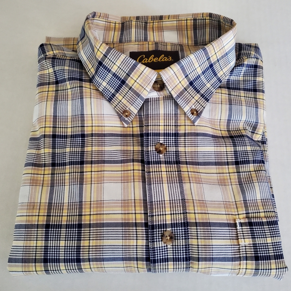 Cabela's Men's Cotton Button Down Yellow Blue Plaid Long Sleeve Shirt Size 2XLT